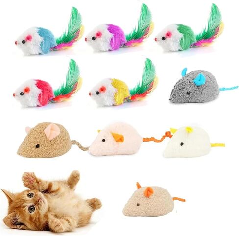 Hemsyc 10 Pack Cat Mouse Toy with Fur, Feather, and Rattle Sounds - Interactive Catnip Mice for Chasing, Hunting, Exercising (Color Random) in Kuwait