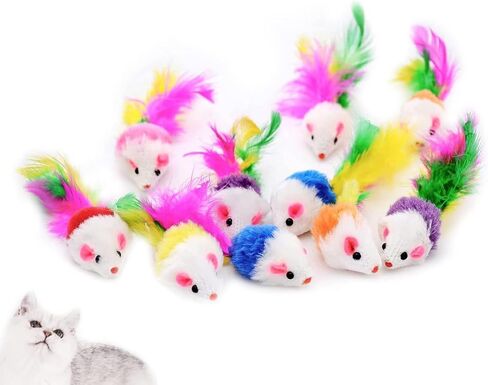 Hemsyc 10 Pack Cat Mouse Toy with Fur, Feather, and Rattle Sounds - Interactive Catnip Mice for Chasing, Hunting, Exercising (Color Random) in Kuwait
