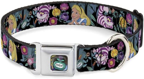 Dog Collar Seatbelt Buckle Alice Cheshire Cat Flowers Poses Black Multi Color 11 to 17 Inches 1.0 Inch Wide in Kuwait
