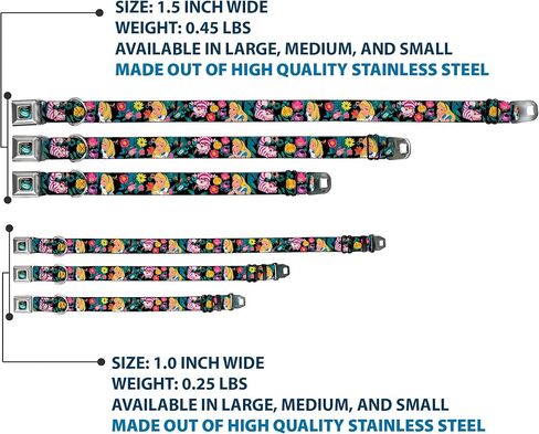 Dog Collar Seatbelt Buckle Alice Cheshire Cat Flowers Poses Black Multi Color 11 to 17 Inches 1.0 Inch Wide in Kuwait
