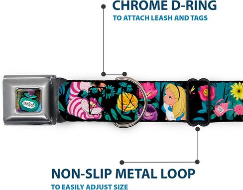 Dog Collar Seatbelt Buckle Alice Cheshire Cat Flowers Poses Black Multi Color 11 to 17 Inches 1.0 Inch Wide in Kuwait