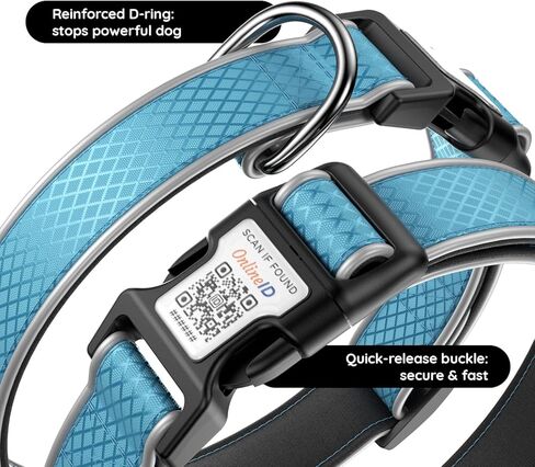 Reflective Personalized Dog Collar for Large Dogs, Soft Neoprene Padded Dog Collar with QR Code Anti-Lost Tag & Online Profile, Blue, L in Kuwait