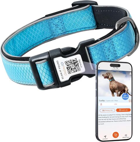 Reflective Personalized Dog Collar for Large Dogs, Soft Neoprene Padded Dog Collar with QR Code Anti-Lost Tag & Online Profile, Blue, L in Kuwait