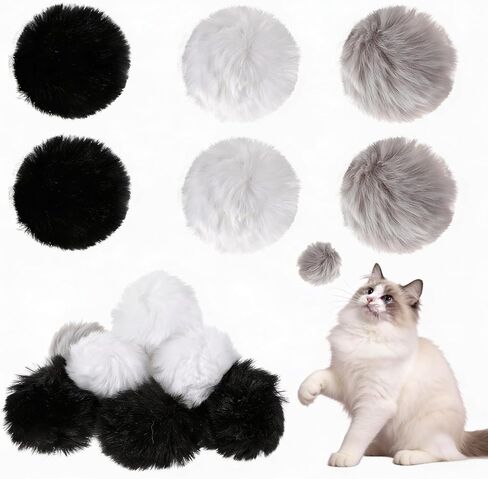 12 Pcs Fur Cat Toys Ball, Fuzzy Fur Ball Cat Toy, Soft Balls Furs Pom Poms Pet Supplies(Gray+Black+White) in Kuwait