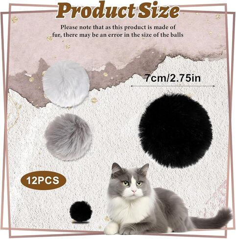 12 Pcs Fur Cat Toys Ball, Fuzzy Fur Ball Cat Toy, Soft Balls Furs Pom Poms Pet Supplies(Gray+Black+White) in Kuwait