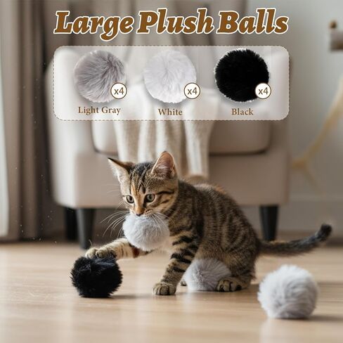 12 Pcs Fur Cat Toys Ball, Fuzzy Fur Ball Cat Toy, Soft Balls Furs Pom Poms Pet Supplies(Gray+Black+White) in Kuwait