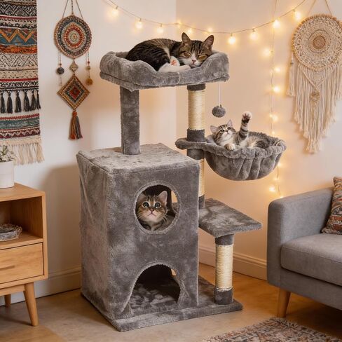 Cactus Cat Tree for Indoor Cats with Cozy Condo Wide Top Perch 27.5", Multi-Level Cat Tower with Climbing and Lounging Space Plush, Toy Ball, Brown in Kuwait