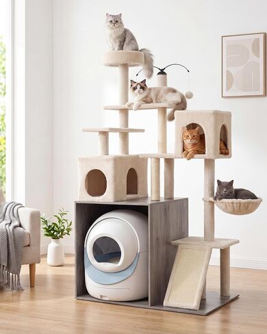 68 Inch Cat Tower for Automatic Litter Box, Cat Litter Box Enclosure with Tree and House, 2-in-1 Cats Tree with Scratching Posts, Scratching Board, for Indoor Large Cats, Grey in Kuwait