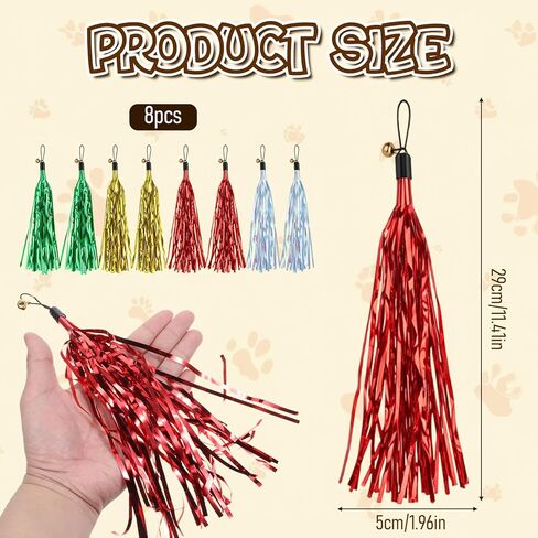 8Pcs Cat Wand Toy Replacement with Bell Metallic Foil Tassel, 9Inch Cat Wand Attachments for Most Cats Indoor Cats Interactive Chase Exercise, 4 Colors in Kuwait