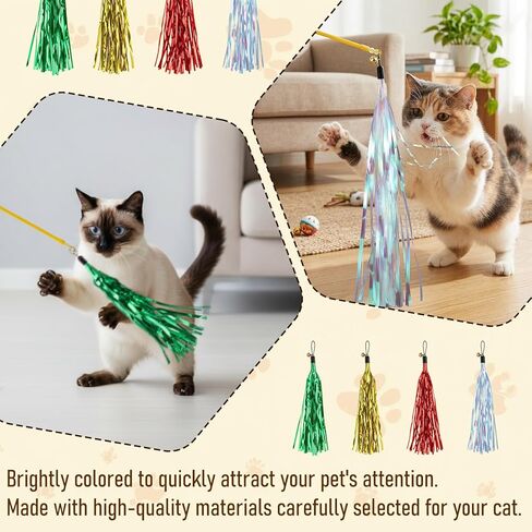 8Pcs Cat Wand Toy Replacement with Bell Metallic Foil Tassel, 9Inch Cat Wand Attachments for Most Cats Indoor Cats Interactive Chase Exercise, 4 Colors in Kuwait