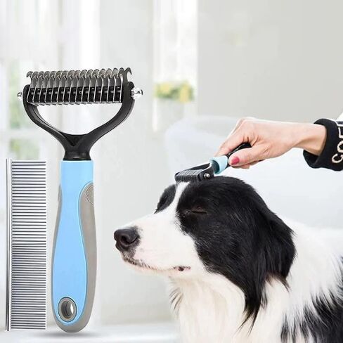 2-Sided Dematting & Deshedding Comb for Dogs & Cats, Versatile Undercoat Detangler Brush for Shedding, Matted Hair & Fur Remover Tool, Stress-Free Pet Grooming Rake in Kuwait