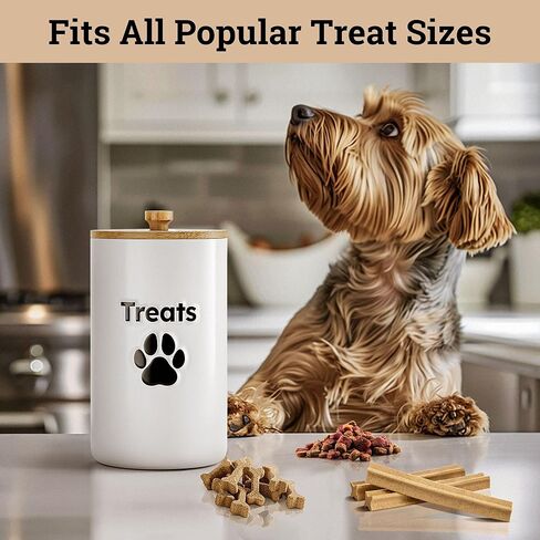 Dog Treat Container Airtight - 5 Inch Wide x 9 Inch Tall Ceramic Dog Treat Jar for Kitchen Counter with Airtight Bamboo Lid - 7 Cup Capacity Pet Treat Container - Doggie Cookie Jar - Treats Canister in Saudi Arabia