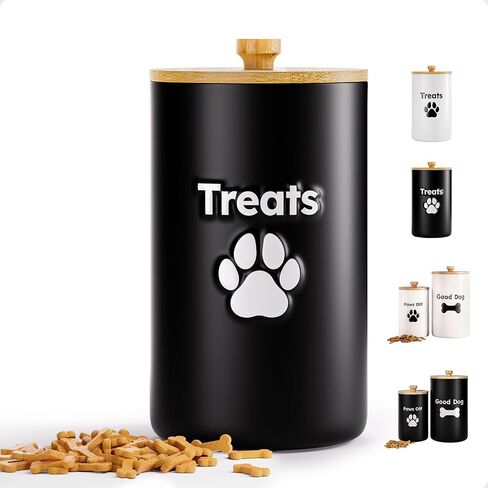 Dog Treat Container Airtight - 5 Inch Wide x 9 Inch Tall Ceramic Dog Treat Jar for Kitchen Counter with Airtight Bamboo Lid - 7 Cup Capacity Pet Treat Container - Doggie Cookie Jar - Treats Canister in Saudi Arabia
