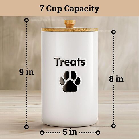 Dog Treat Container Airtight - 5 Inch Wide x 9 Inch Tall Ceramic Dog Treat Jar for Kitchen Counter with Airtight Bamboo Lid - 7 Cup Capacity Pet Treat Container - Doggie Cookie Jar - Treats Canister in Saudi Arabia