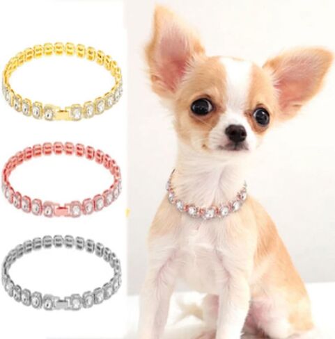 Luxury Shining Pet Collars Alloy Pet Accessories Adjustable Diamond Dog Chain Collar Decorative Rhinestone(M,Silver) in Kuwait