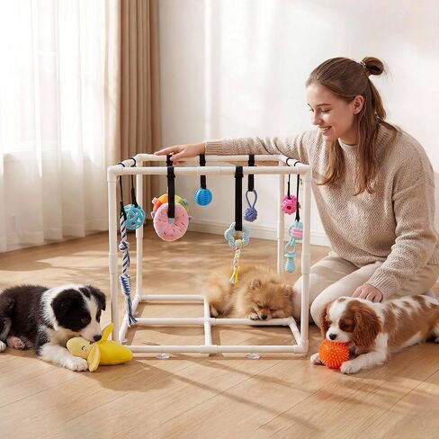 Puppy Play Gym with 15 Toys, Puppy Toys to Keep Them Busy Indoor Play Gym for Mental Stimulation, 23.2" Small Dog Play PVC Frame with Straps in Kuwait
