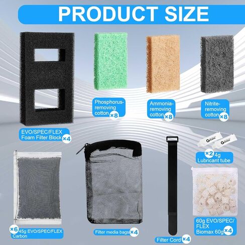 Threlaco 4 Set Aquarium Filter Compatible with Fluval SPEC, EVO, Betta and Flex Desktop Aquarium Series, Foam Filter, Carbon, Ammonia/Phosphate/Nitrite Remover Pad, Ceramic Ring, Cord, Grease & Bag in Kuwait