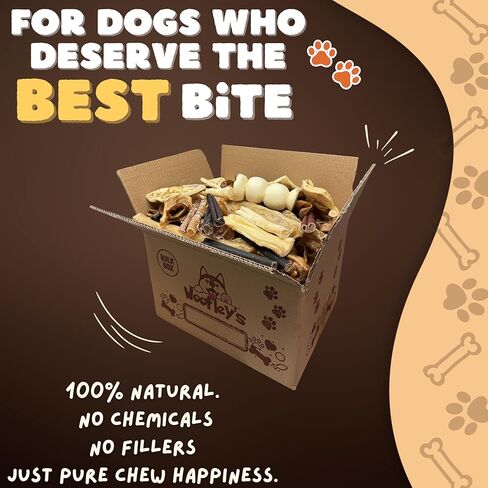 صندوق مضغ متنوع للكلاب بوزن 10 رطل من Woofley - علاجات لحوم البقر الطبيعية للكلاب - عصي الفتوة، وعصي الكولاجين، وخدود اللحم البقري والمزيد - مضغ للكلاب طويل الأمد للكلاب المتوسطة والكبيرة in Kuwait
