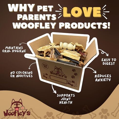 صندوق مضغ متنوع للكلاب بوزن 10 رطل من Woofley - علاجات لحوم البقر الطبيعية للكلاب - عصي الفتوة، وعصي الكولاجين، وخدود اللحم البقري والمزيد - مضغ للكلاب طويل الأمد للكلاب المتوسطة والكبيرة in Kuwait