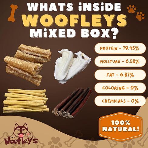 صندوق مضغ متنوع للكلاب بوزن 10 رطل من Woofley - علاجات لحوم البقر الطبيعية للكلاب - عصي الفتوة، وعصي الكولاجين، وخدود اللحم البقري والمزيد - مضغ للكلاب طويل الأمد للكلاب المتوسطة والكبيرة in Kuwait