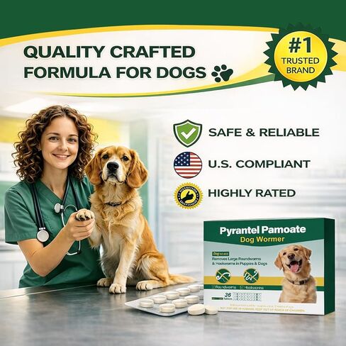 Dog Dewormer Pyrantel Pamoate, Chewable Tablets for Dogs & Puppies, Roundworms & Hookworms, Easy Dosing, 36 Tablets in Kuwait