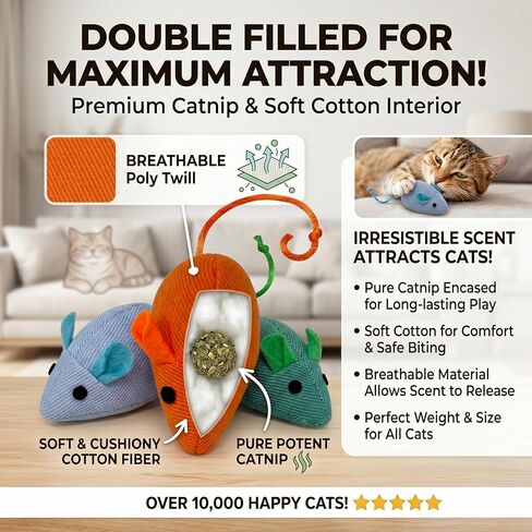 happi n pets 7 حزمة من ألعاب النعناع البري، لعبة فأر للقطط بألوان قوس قزح ملونة للقطط الداخلية، ألعاب قطط تفاعلية متينة من البوليستر للقطط البالغة بالملل، فئران مضغ ناعمة محشوة in Kuwait