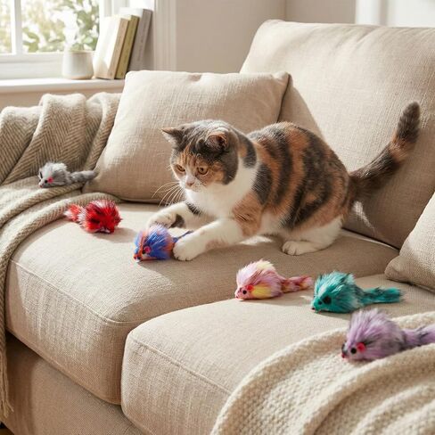 6 PCS Furry Cat Mouse Toy, Mouse Toys for Cats Gradient Color Kitten Interactive Toy 3.1" Realistic Furry Rattle Mouses Cat Toys for Bored Indoor Adult Cats, Feline Chew Toyself Play in Kuwait
