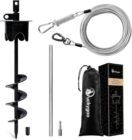 Dog Tie Out Stake with Lock-Cap, Heavy Duty Dog Stake for Outside with Shock Spring, Prevents Pulling Out Rust Proof Ground Anchor for Small Medium Large Dogs up to 350 LBS, Black in Kuwait