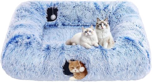 Extra Large Cat Tunnel Bed, 4 Ways Tunnels for Indoor Cats, Multi-cat Family Pet Bed & Cave, Plush Cat Donut with Washable Middle Mat, Exit Balls, Pet Play Toy for Kitten Puppy Rabbit, Blue in Kuwait