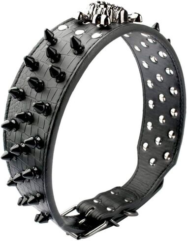 2" Wide Spiked Dog Collars, Leather Dog Collars for Large Medium Dogs, Pit Bull Mastiff Rottweiler,Pitbull,Labrador, Boxer (L:19-22", Black-1) in Kuwait