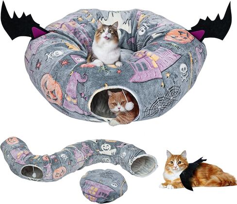Tidjani Cat Tunnel Bed, Cat Tunnels for Indoor Cats, Foldable Cat Donut Bed with Washable Mat and Dangling Balls, Purple Bowknot, Ghost Spider Pattern Decor Pet Toys for Small Animals in Saudi Arabia