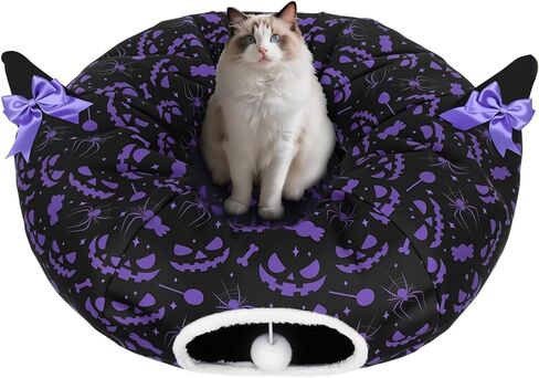Tidjani Cat Tunnel Bed, Cat Tunnels for Indoor Cats, Foldable Cat Donut Bed with Washable Mat and Dangling Balls, Purple Bowknot, Ghost Spider Pattern Decor Pet Toys for Small Animals in Saudi Arabia