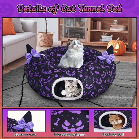 Tidjani Cat Tunnel Bed, Cat Tunnels for Indoor Cats, Foldable Cat Donut Bed with Washable Mat and Dangling Balls, Purple Bowknot, Ghost Spider Pattern Decor Pet Toys for Small Animals in Saudi Arabia