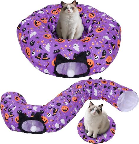 Tidjani Cat Tunnel Bed, Cat Tunnels for Indoor Cats, Foldable Cat Donut Bed with Washable Mat and Dangling Balls, Purple Bowknot, Ghost Spider Pattern Decor Pet Toys for Small Animals in Saudi Arabia