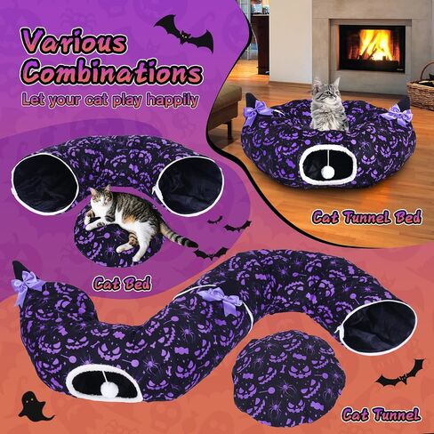 Tidjani Cat Tunnel Bed, Cat Tunnels for Indoor Cats, Foldable Cat Donut Bed with Washable Mat and Dangling Balls, Purple Bowknot, Ghost Spider Pattern Decor Pet Toys for Small Animals in Saudi Arabia