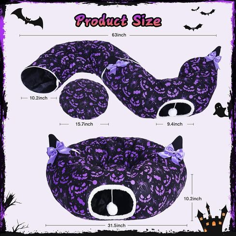 Tidjani Cat Tunnel Bed, Cat Tunnels for Indoor Cats, Foldable Cat Donut Bed with Washable Mat and Dangling Balls, Purple Bowknot, Ghost Spider Pattern Decor Pet Toys for Small Animals in Saudi Arabia