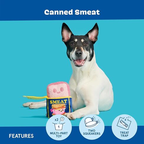 Barkbox Canned Smeat Dog Toy | 2-in-1 Plush Set with 2 Squeakers & Crinkle | Multi-Part Squeak Toy for Extra Small to Small Dogs in Kuwait