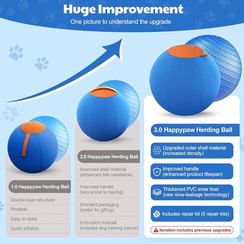 Happypaw 3.0 ترقية كرة الرعي للكلاب مقاس 25 بوصة - مقاومة معززة للمضغ ومواد شديدة التحمل، لعبة للكلاب معدات خفة الحركة للرعاة الأستراليين، كولي، تتضمن 5 رقع إصلاح in Kuwait
