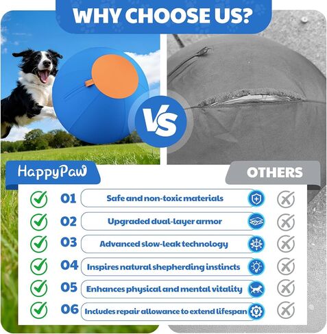 Happypaw 3.0 ترقية كرة الرعي للكلاب مقاس 25 بوصة - مقاومة معززة للمضغ ومواد شديدة التحمل، لعبة للكلاب معدات خفة الحركة للرعاة الأستراليين، كولي، تتضمن 5 رقع إصلاح in Kuwait