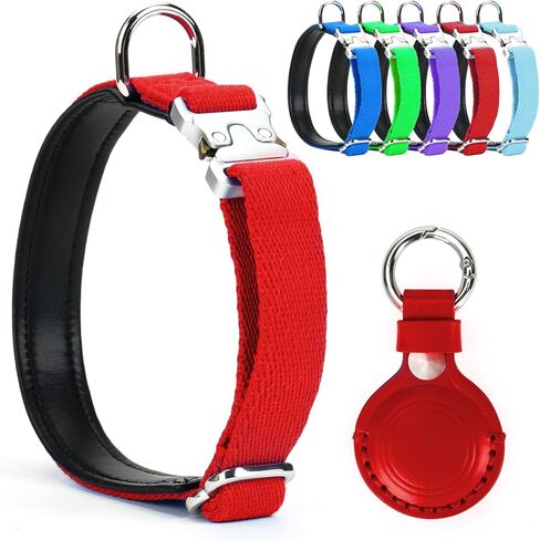 Dog Collar with Leather Airtag Holder, Durable & Comfortable, Anti-Loss Locator Collar for Small/Medium Dogs - Ideal for Daily Walks and Outdoor Adventures- Red (L) in Kuwait