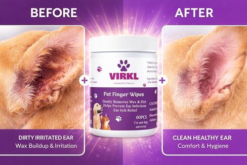 Dog Ear Cleaning Wipes - Gentle Soothing Ear Wipes for Dogs & Cats- Pet Safe Cleaner to Gently Remove Wax & Dirt -Finger Wipes - 60 Pcs in Kuwait