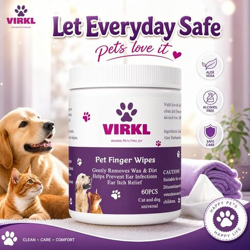 Dog Ear Cleaning Wipes - Gentle Soothing Ear Wipes for Dogs & Cats- Pet Safe Cleaner to Gently Remove Wax & Dirt -Finger Wipes - 60 Pcs in Kuwait