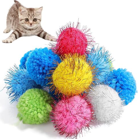 14 PCS Pom Pom Balls for Cats, 7 PCS Cute Sparkle Cat Balls 7 Pieces Soft Cats Toys Yarn Puffs Ball Small Plush Cat Toy Ball for Kitten Pet Chase Play Interactive, Multicolor in Kuwait