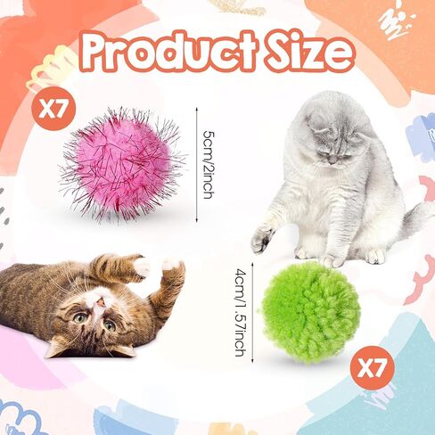 14 PCS Pom Pom Balls for Cats, 7 PCS Cute Sparkle Cat Balls 7 Pieces Soft Cats Toys Yarn Puffs Ball Small Plush Cat Toy Ball for Kitten Pet Chase Play Interactive, Multicolor in Kuwait