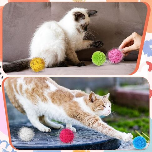 14 PCS Pom Pom Balls for Cats, 7 PCS Cute Sparkle Cat Balls 7 Pieces Soft Cats Toys Yarn Puffs Ball Small Plush Cat Toy Ball for Kitten Pet Chase Play Interactive, Multicolor in Kuwait