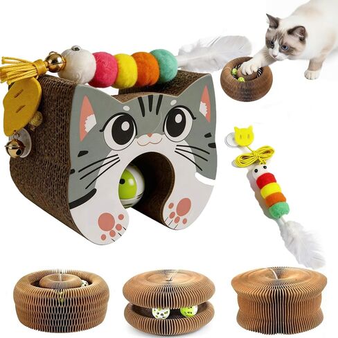 Magnetic Magic Organ Cat Scratcher Toy with 2 Balls, Multi-Shape Interactive Cardboard Cat Toy with Telescopic Elastic Teasing Stick, Enrichment Toy for Indoor Cats & Kittens (1 Pack) in Kuwait