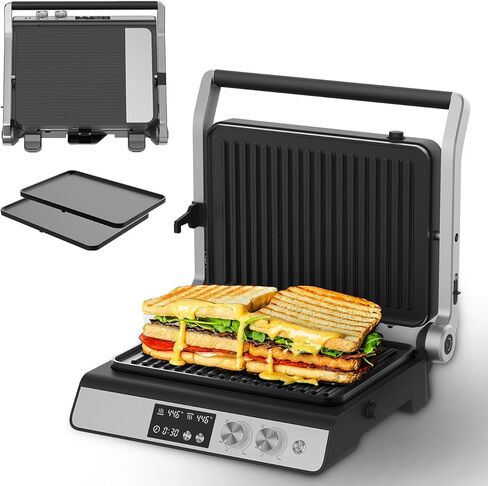 Panini Press,4 Slices Contact Grill with Removable Non-Stick Coated Grill and Flat Plates,Panini Makers with Temperature Control and Timer,Open 180 Degrees,Grill and Griddle (Silver with digital) in Kuwait