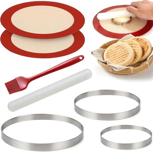 Stainless Steel Arepa Molds 3 Sizes (3.1", 4.3", 6.1") with Rolling Pin, 2 Silicone Mats & Brush — Tortilla Press for Colombian & Venezuelan Arepas, Non‑Rust Durable Kitchen Set in Kuwait