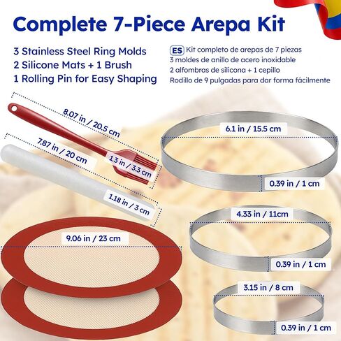 Stainless Steel Arepa Molds 3 Sizes (3.1", 4.3", 6.1") with Rolling Pin, 2 Silicone Mats & Brush — Tortilla Press for Colombian & Venezuelan Arepas, Non‑Rust Durable Kitchen Set in Kuwait