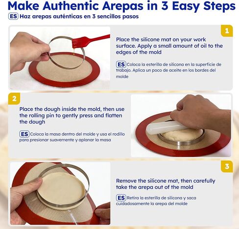 Stainless Steel Arepa Molds 3 Sizes (3.1", 4.3", 6.1") with Rolling Pin, 2 Silicone Mats & Brush — Tortilla Press for Colombian & Venezuelan Arepas, Non‑Rust Durable Kitchen Set in Kuwait